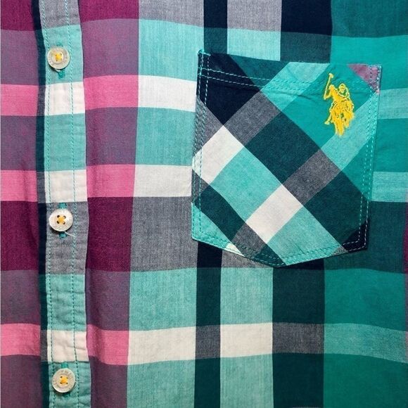 US Polo Assn Plaid Button Down Shirt Hot Pink/Teal Green/Navy Blue Juniors XL - Picture 2 of 7